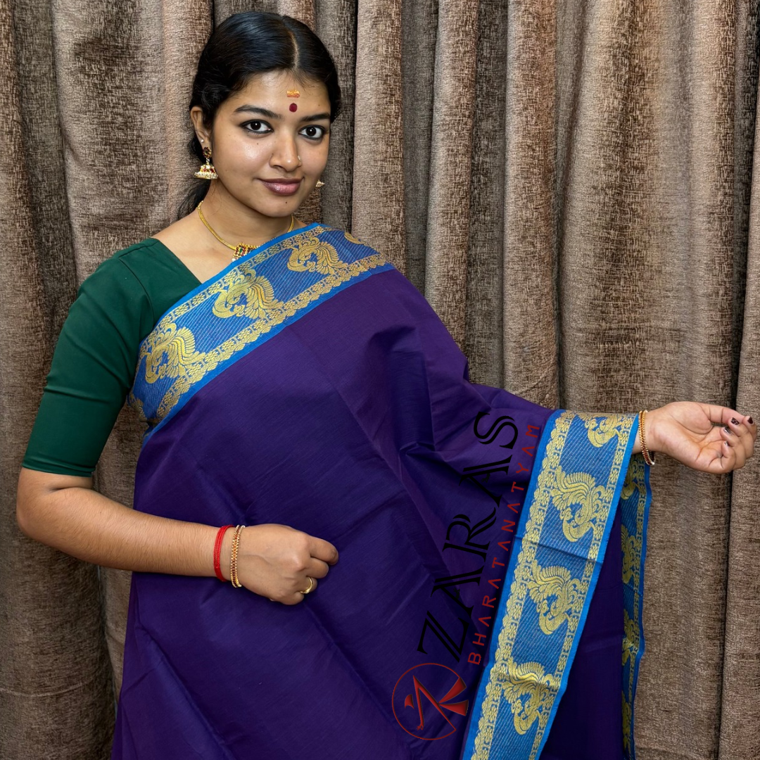 Bharatanatyam Dance Practice Saree - Dark Blue with Blue Peacock Border image 0