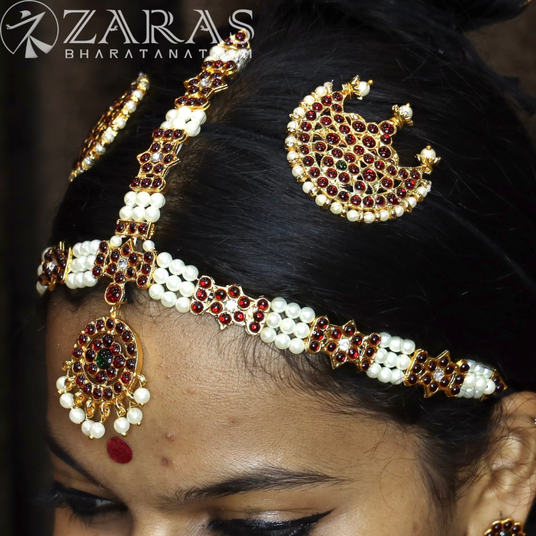 Bharatanatyam Dance Jewellery - Flower 3 Line Beads Red Kemp image 0