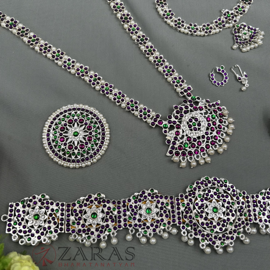 Bharatanatyam Dance Jewellery Silver - Flower Full Set PG Kemp image 1