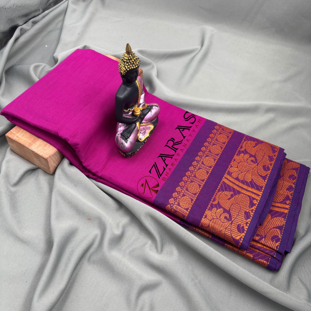 Bharatanatyam Dance Practice Saree - L Purple Mustard Gold Big Peacock Border image 1