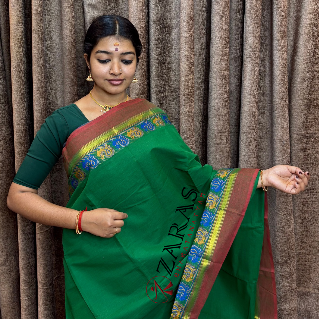 Bharatanatyam Dance Practice Saree - D Green Red Small Peacock Border image 0