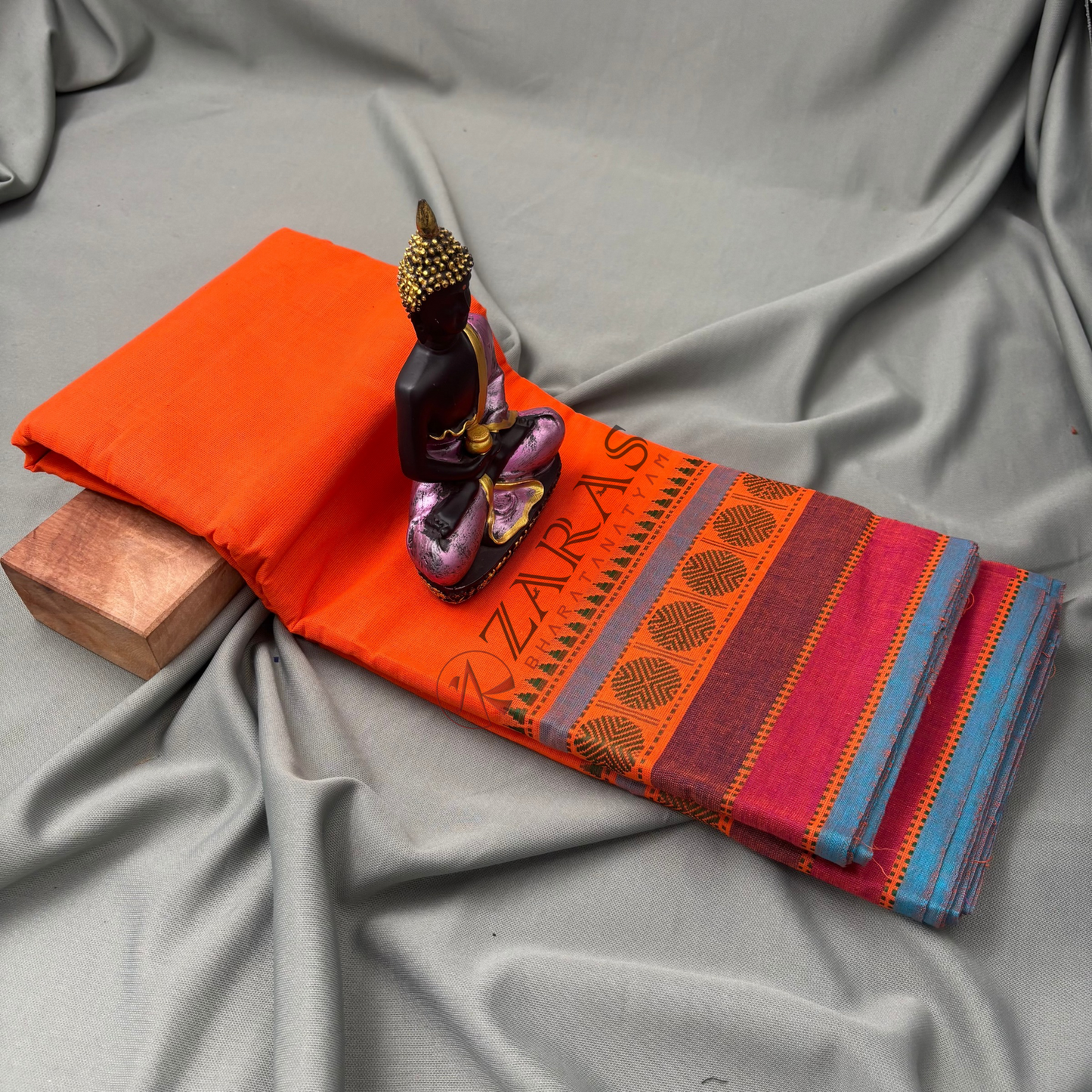 Bharatanatyam Dance Practice Saree - Orange with Blue Temple Coin Border image 1