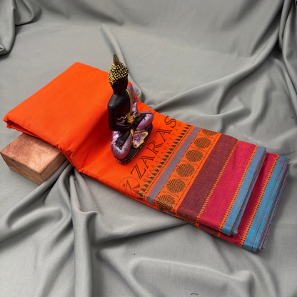 Bharatanatyam Dance Practice Saree - Orange with Blue Temple Coin Border image 1