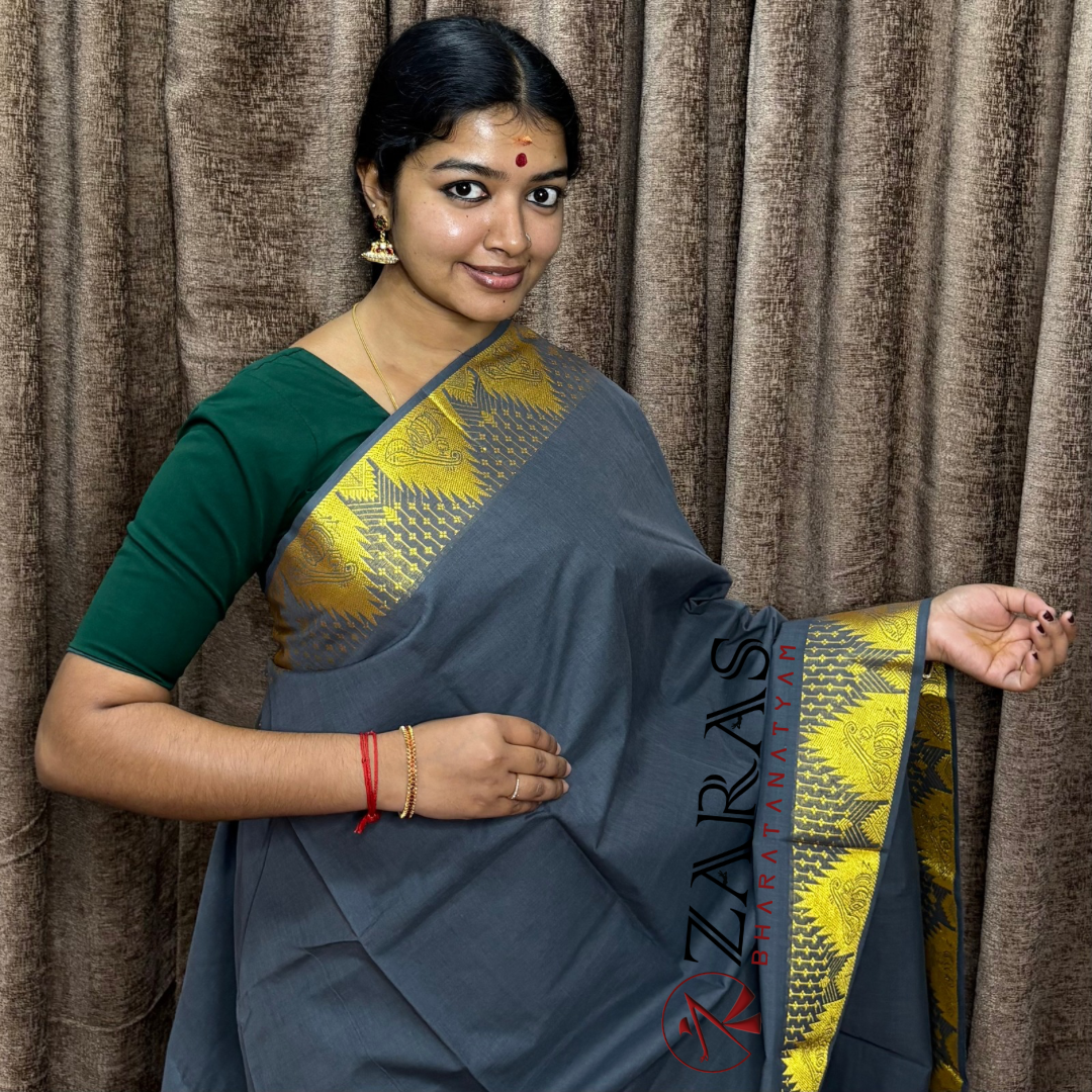Bharatanatyam Dance Practice Saree - Grey Gold Veena Border image 0