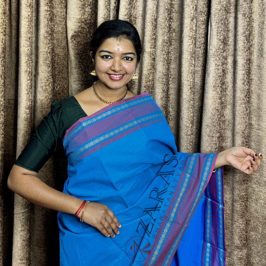 Bharatanatyam Dance Practice Saree - Blue with Red Double Coin Border image 0