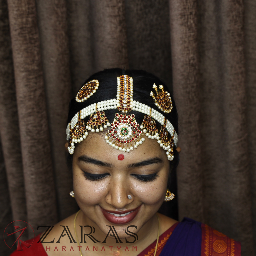 Bharatanatyam Dance Jewellery - Headset Peacock Design 3 Lines Pearls image 1