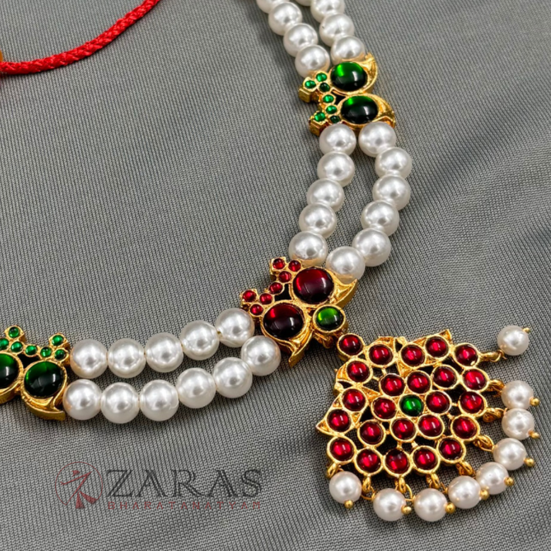 Bharatanatyam Dance Jewellery - Necklace 2L White Pearl Pendent Kemp image 0