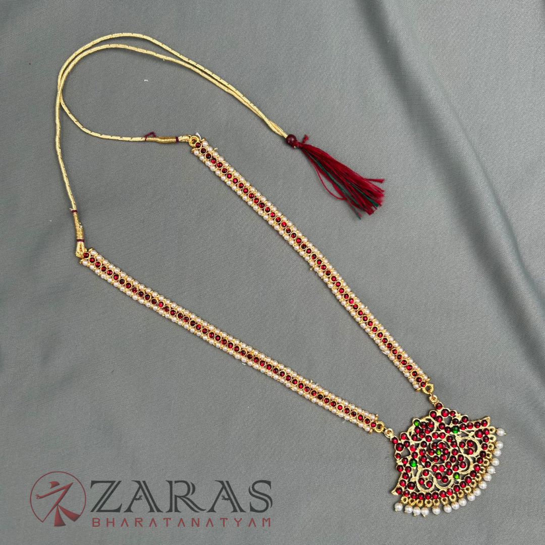 Bharatanatyam Dance Jewellery - Pea with Padak Pearls RG Kemp Haaram / Long Chain image 2