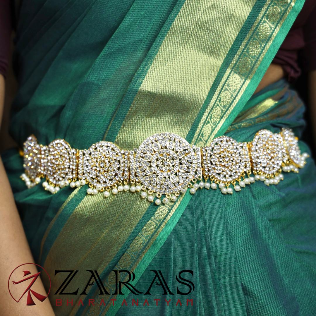 Bharatanatyam Dance Jewellery - White Stone Round Hip Belt (Ottiyanam) image 0