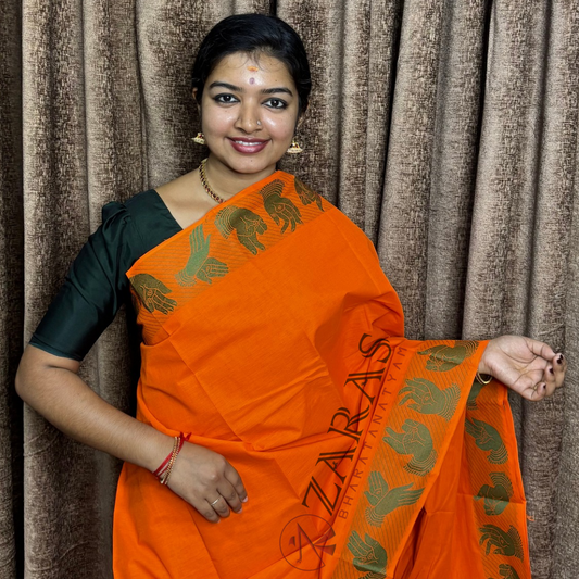 Bharatanatyam Dance Practice Saree - Orange with Green Mudra Border image 0