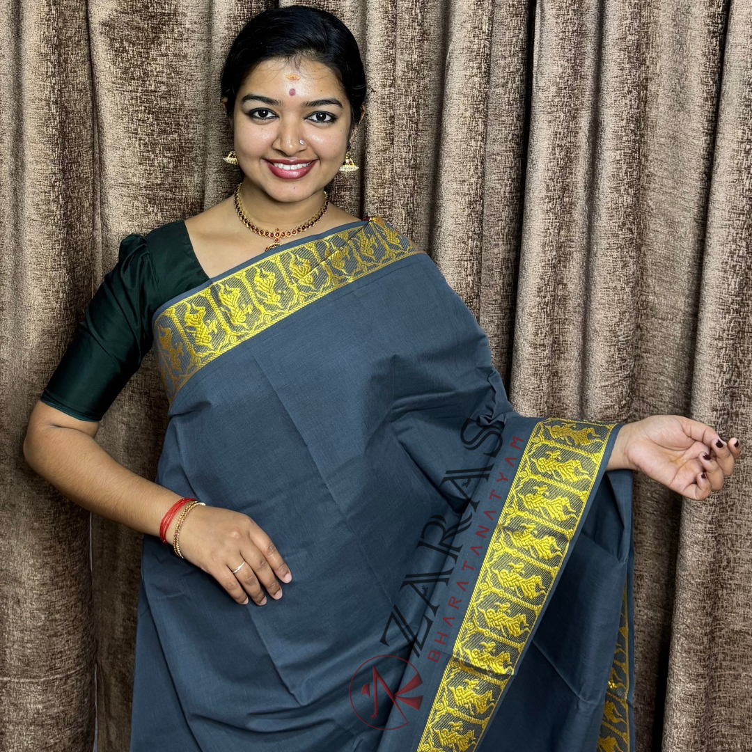 Bharatanatyam Dance Practice Saree - Grey Gold Doll Border image 0