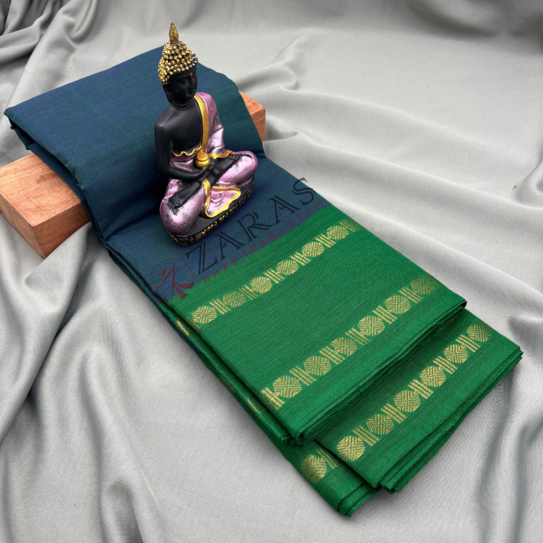 Bharatanatyam Dance Practice Saree - Peacock Blue with Green D Coin Border image 0