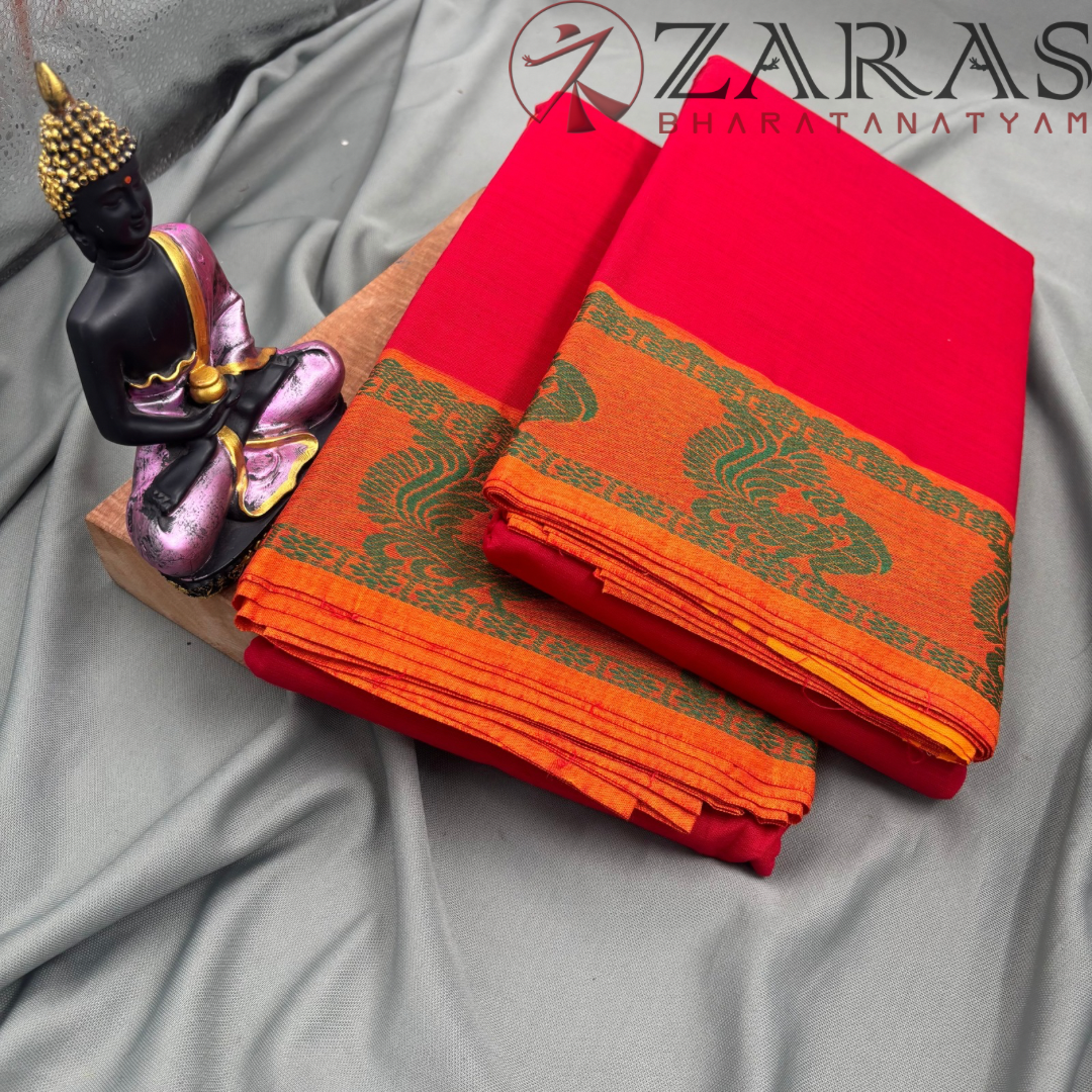 Bharatanatyam Dance Practice Saree - Red Green Peacock Border image 2