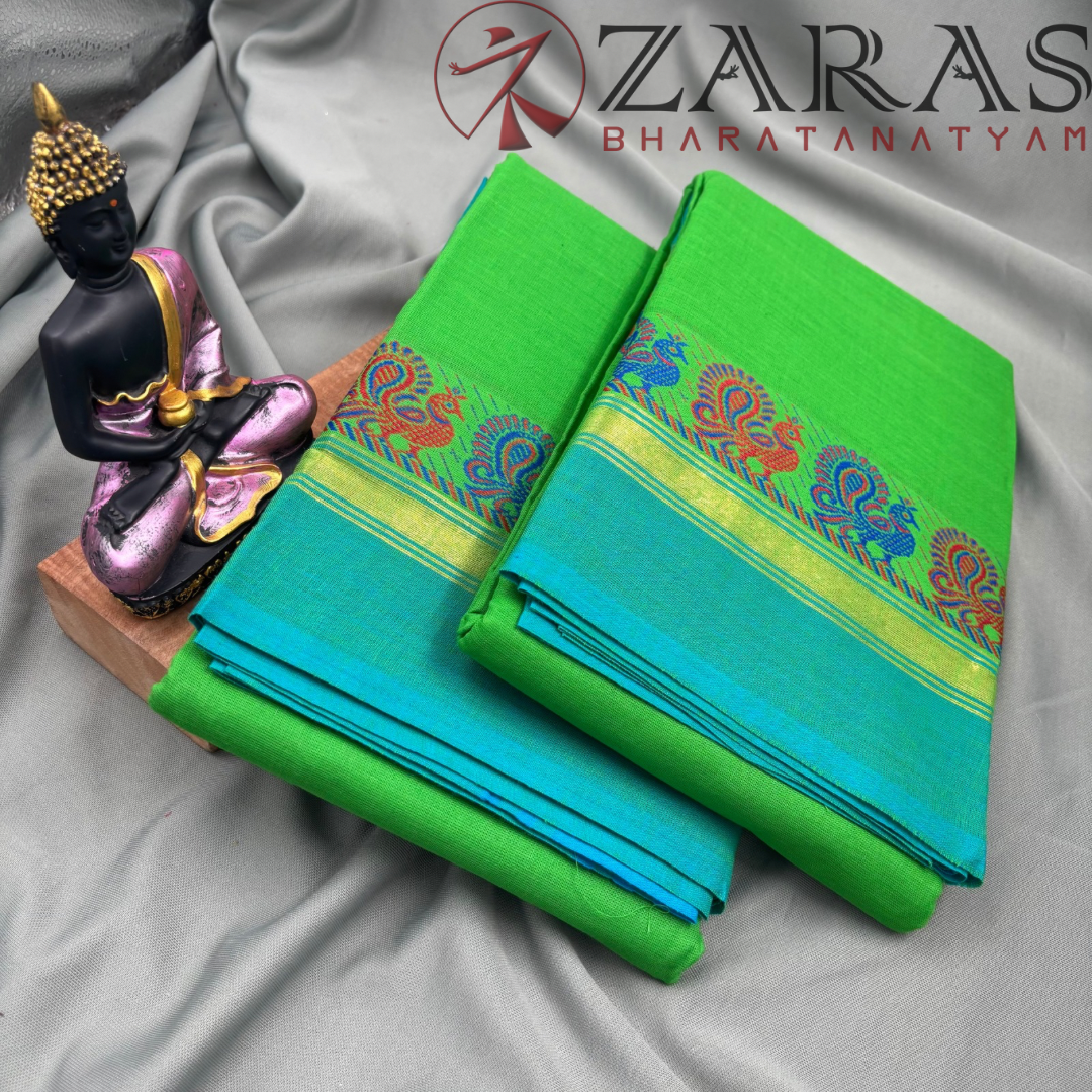 Bharatanatyam Dance Practice Saree - Green Blue Small Peacock Border image 2