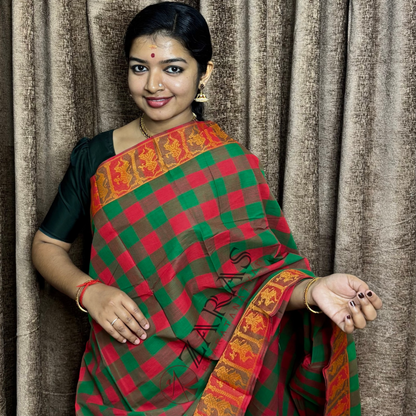 Bharatanatyam Dance Practice Saree - Green With Red Checked With Gold Doll Border image 0