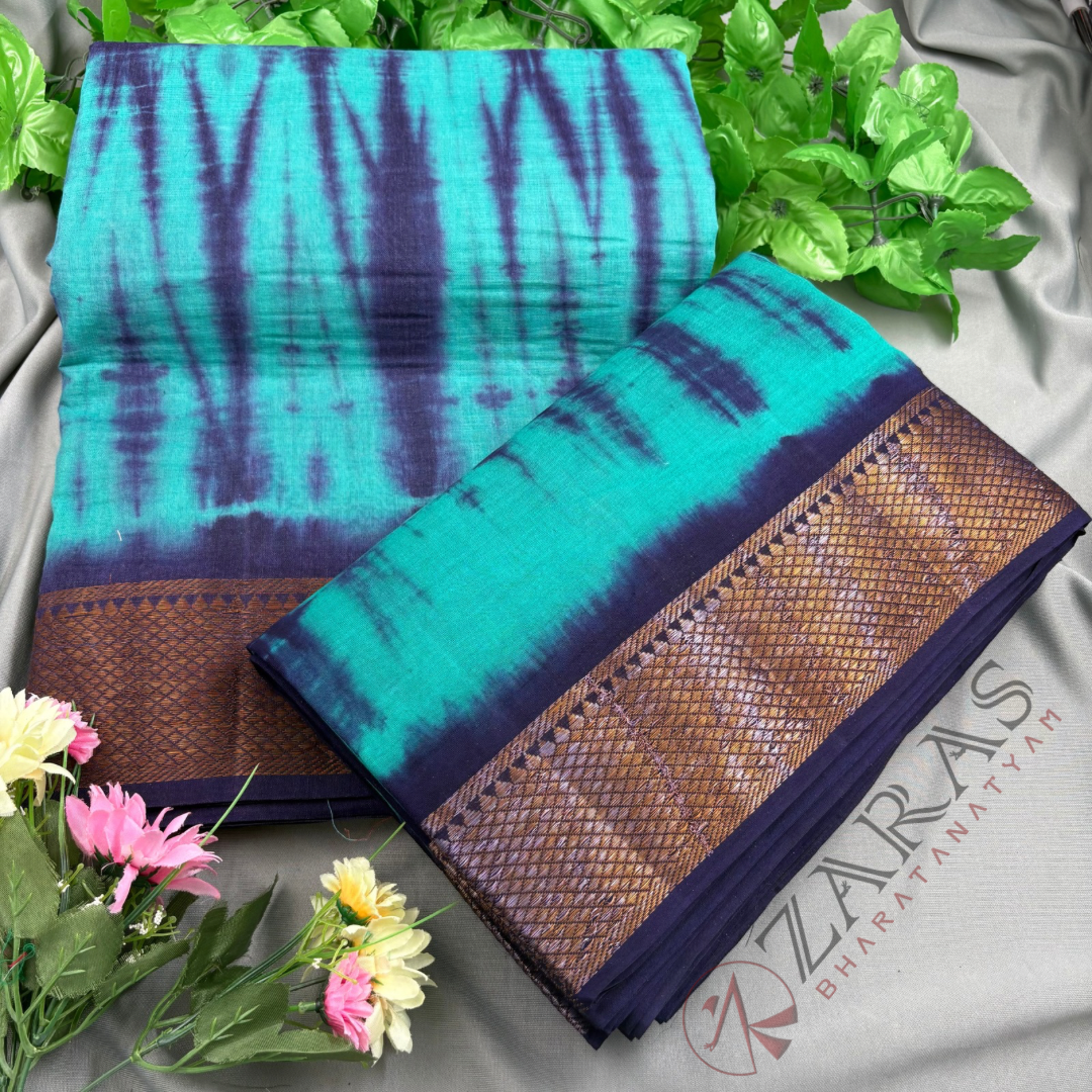 Bharatanatyam Dance Practice Saree - Sea Green with Blue Double color Saree with Blouse Material image 1