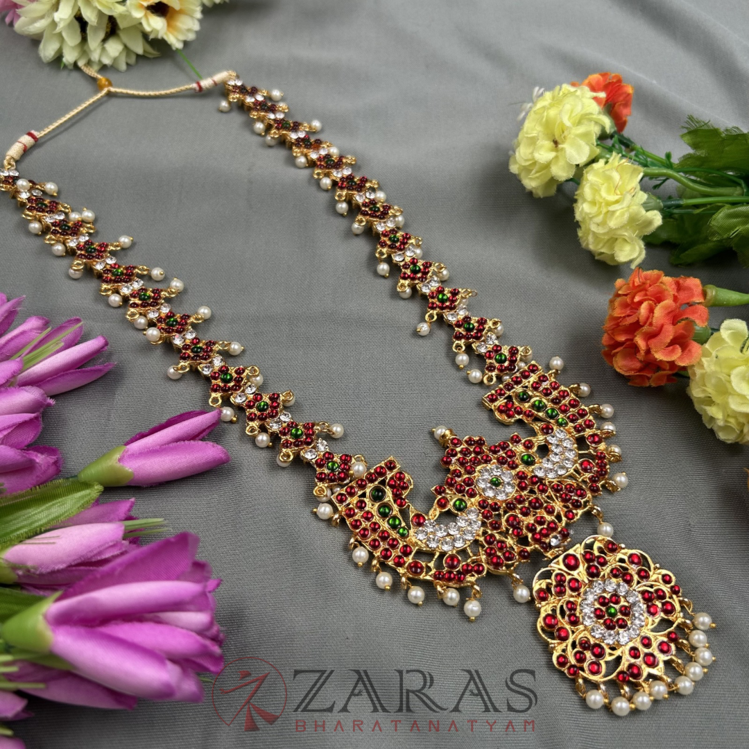 Bharatanatyam Dance Jewellery Haaram - Pecock & Flower RG Kemp Maalai / Long image 1