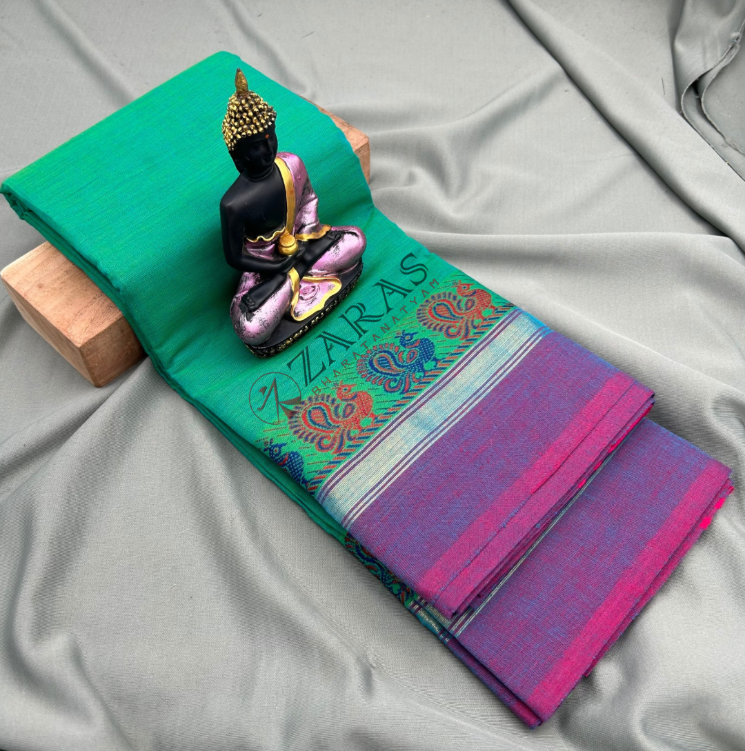 Bharatanatyam Dance Practice Saree - Sea Green with Purple Small Peacock Border image 0