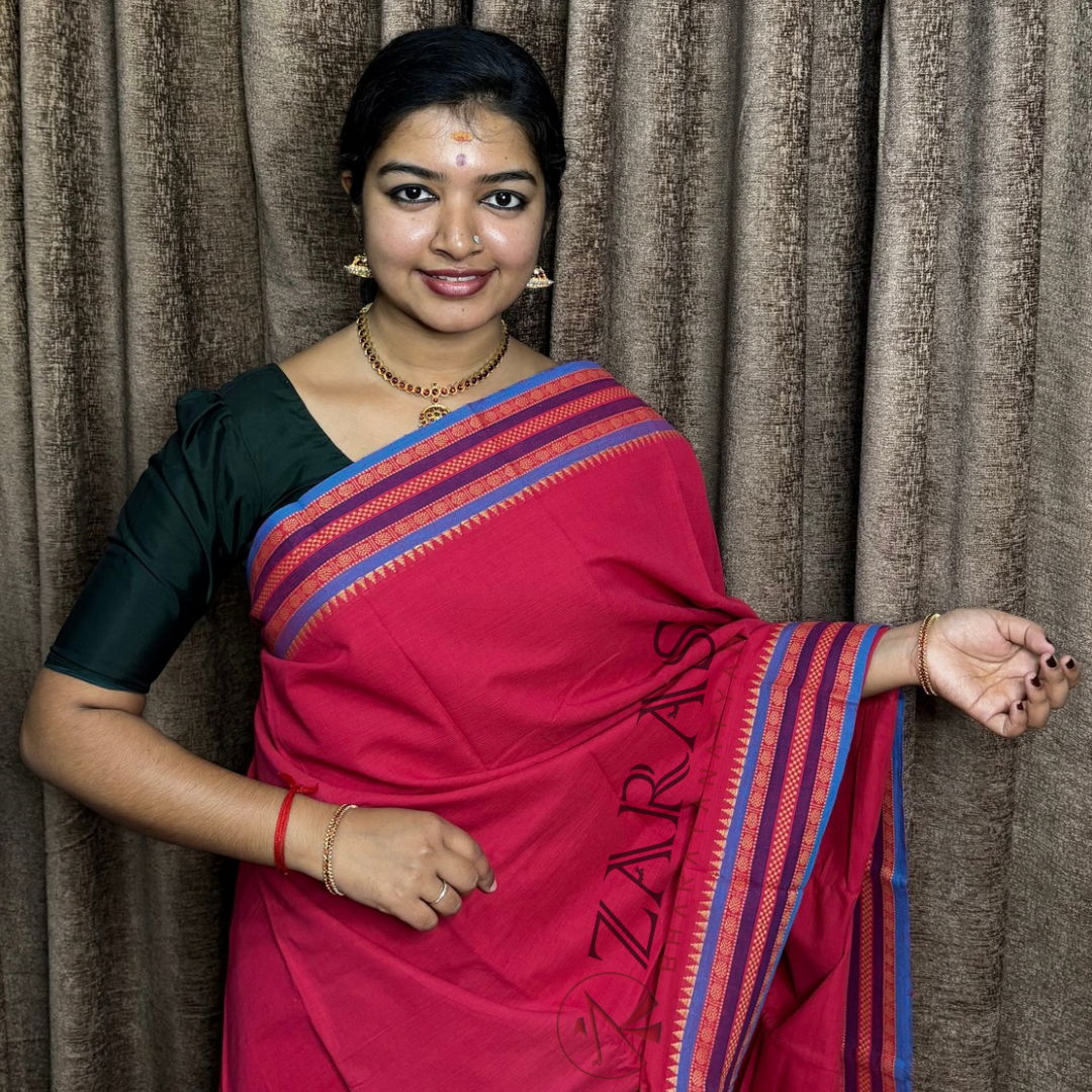 Bharatanatyam Dance Practice Saree - Red with Blue Double Coin Border image 0