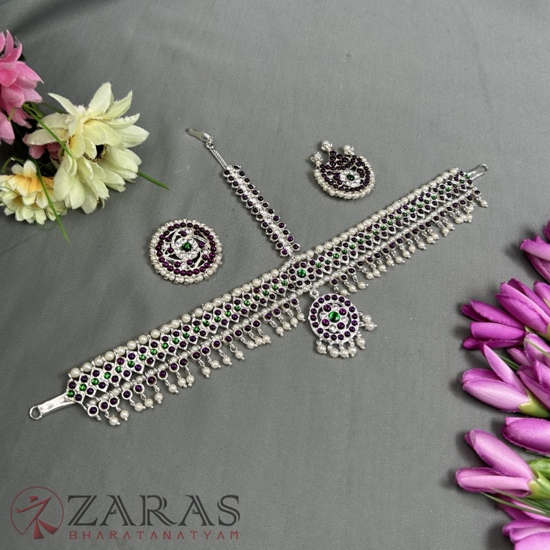 Bharatanatyam Dance Jewellery Silver - Headset Round & V RG Kemp Beads CS image 1