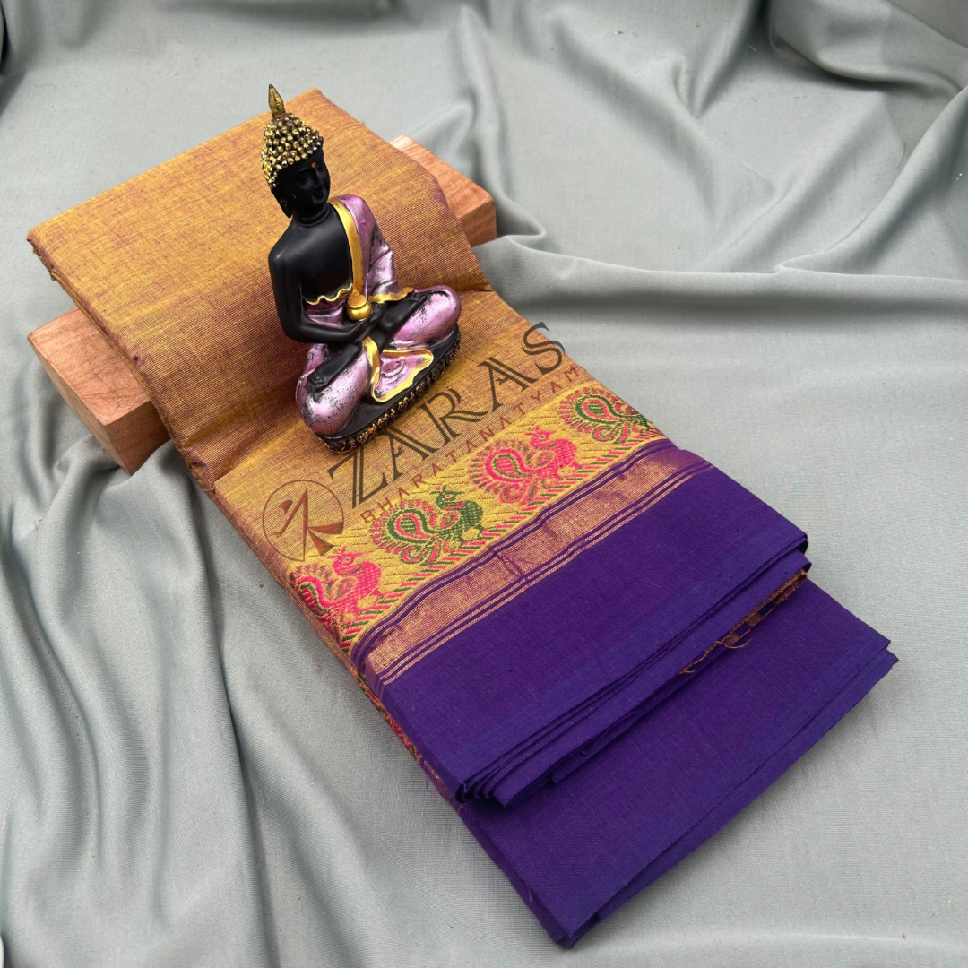 Bharatanatyam Dance Practice Saree - Golden Yellow with Purple S Peacock Border image 0