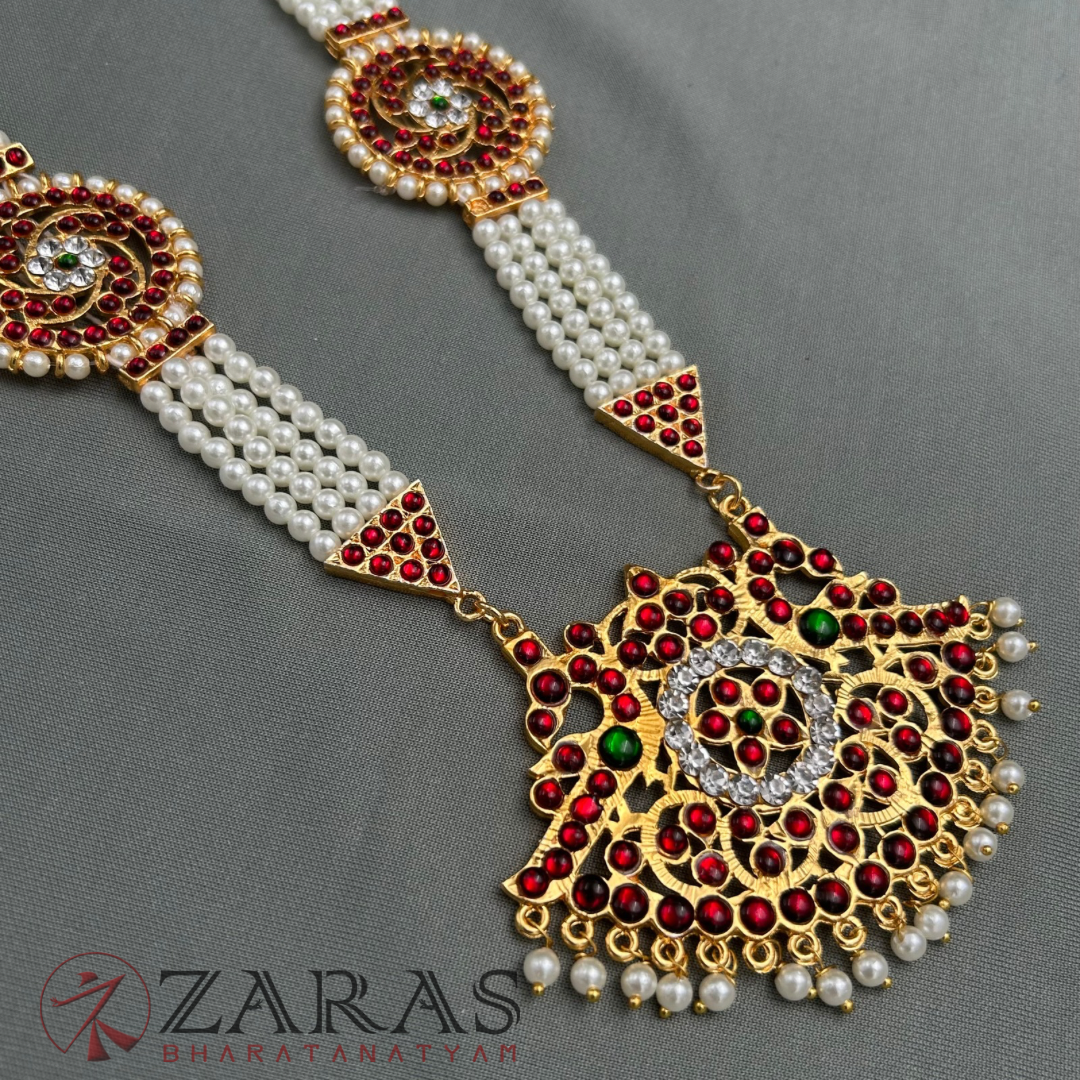 Bharatanatyam Dance Jewellery - 4 Lines Beads Sun & Moon RG Kemp Haaram / Long Chain image 3