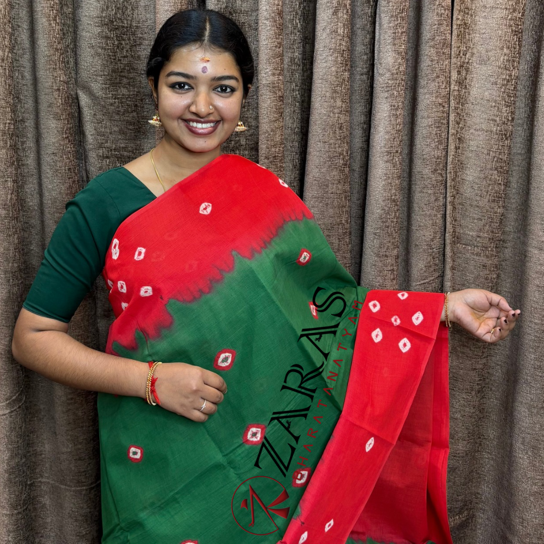 Bharatanatyam Dance Practice Saree - Green with Red Bandini Saree image 0