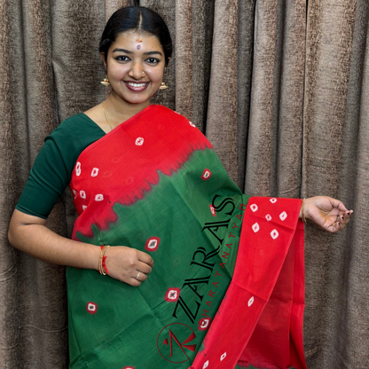 Bharatanatyam Dance Practice Saree - Green with Red Bandini Saree image 0