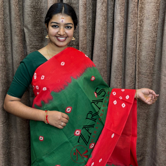 Bharatanatyam Dance Practice Saree - Green with Red Bandini Saree image 0
