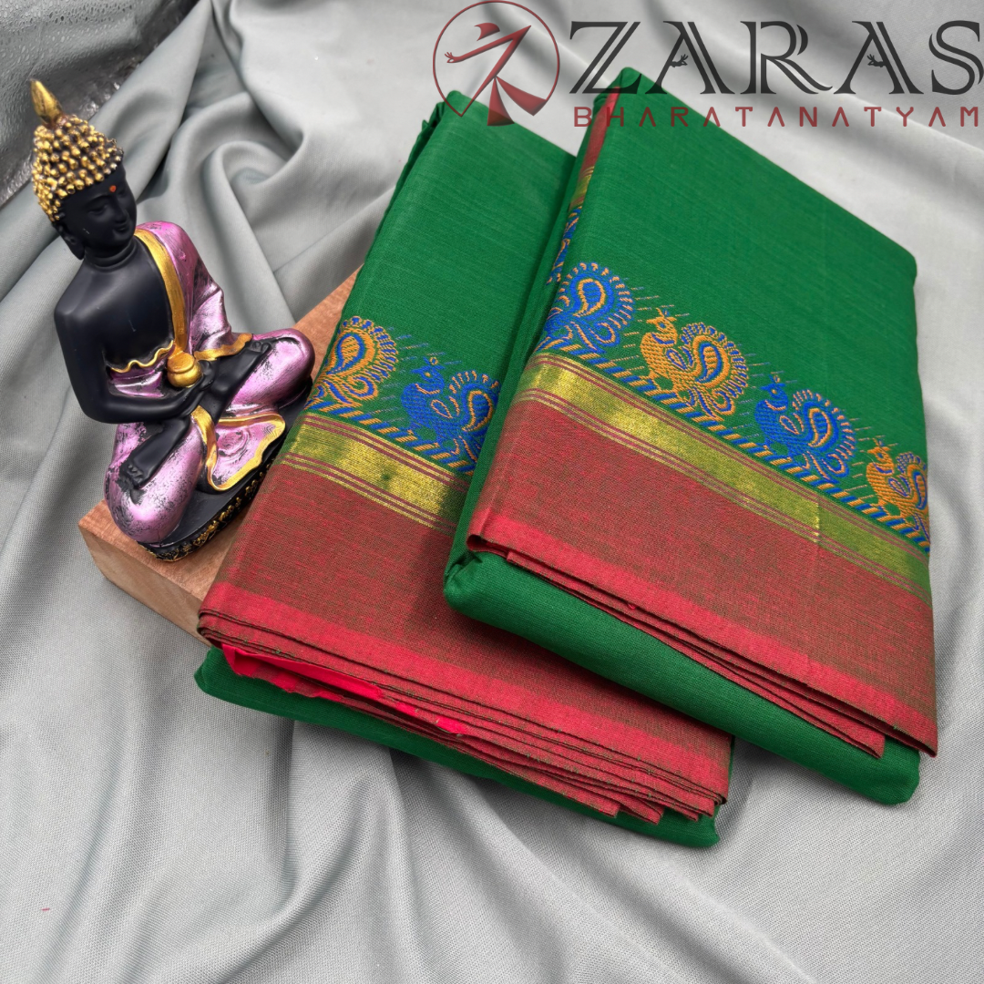 Bharatanatyam Dance Practice Saree - D Green Red Small Peacock Border image 2