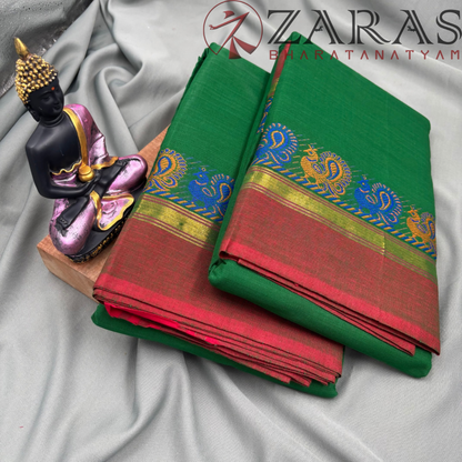 Bharatanatyam Dance Practice Saree - D Green Red Small Peacock Border image 2