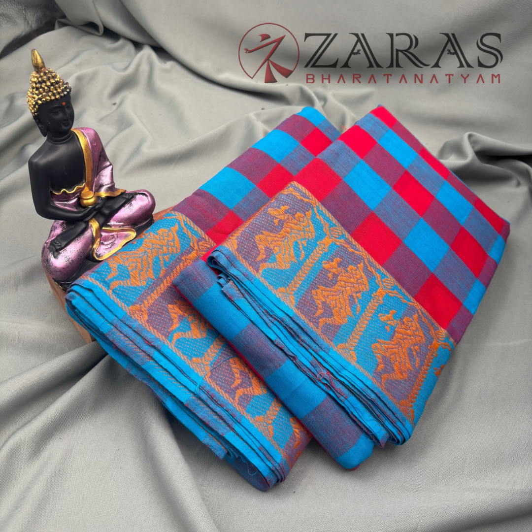 Bharatanatyam Dance Practice Saree - L Blue With Red Checked With Gold Doll Border image 2