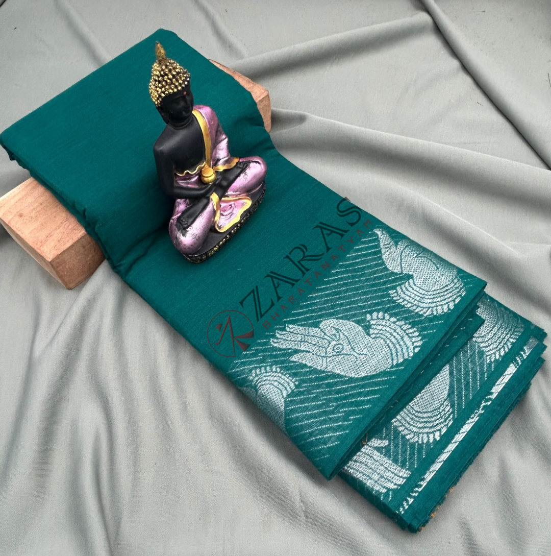 Bharatanatyam Dance Practice Saree - Peacock Blue with Silver Mudra Border image 0