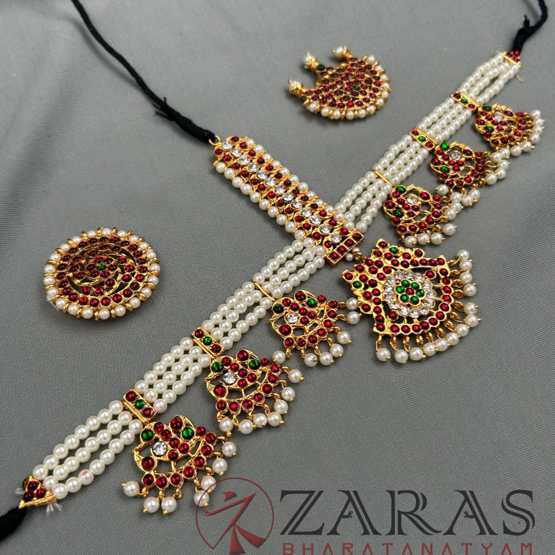 Bharatanatyam Dance Jewellery - Headset Peacock Design 3 Lines Pearls image 3