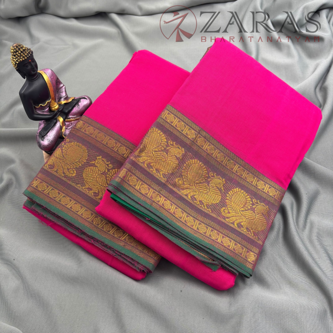 Bharatanatyam Dance Practice Saree - Pink with Green Peacock Border (6 mtr) image 1