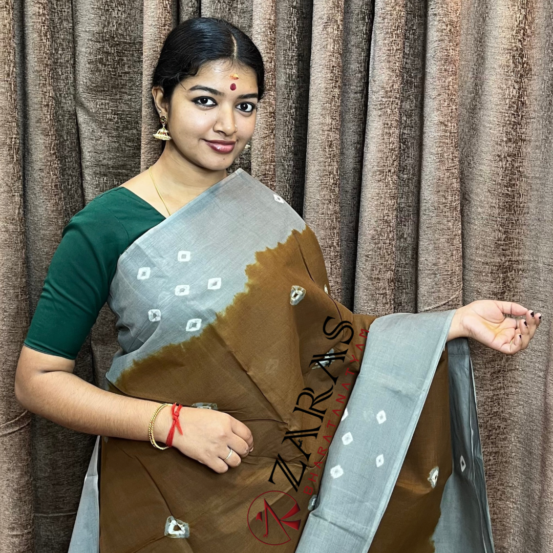 Bharatanatyam Dance Practice Saree - L Brown with Grey Bandhini Saree image 0