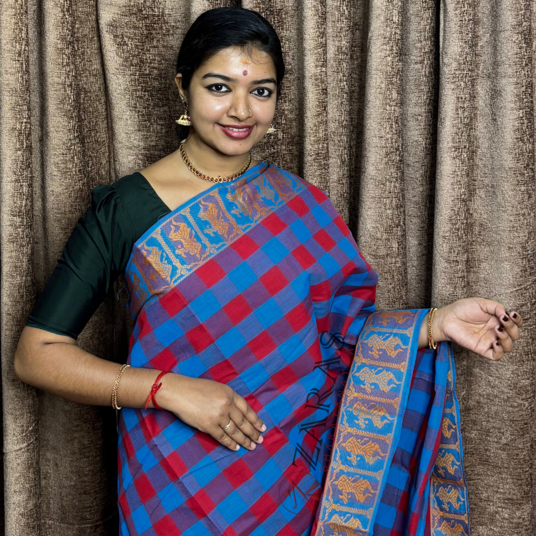 Bharatanatyam Dance Practice Saree - L Blue With Red Checked With Gold Doll Border image 0