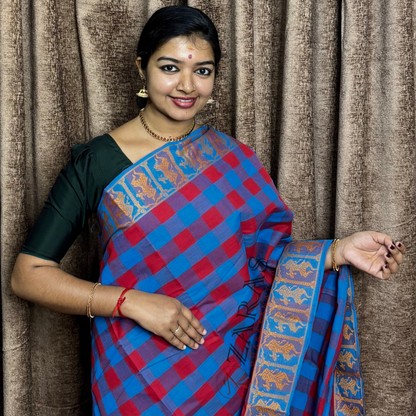 Bharatanatyam Dance Practice Saree - L Blue With Red Checked With Gold Doll Border image 0