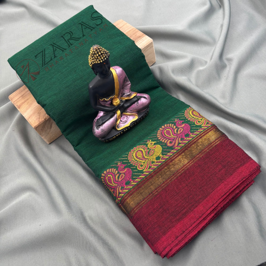 Bharatanatyam Dance Practice Saree - Green with Maroon Small Peacock Border image 0