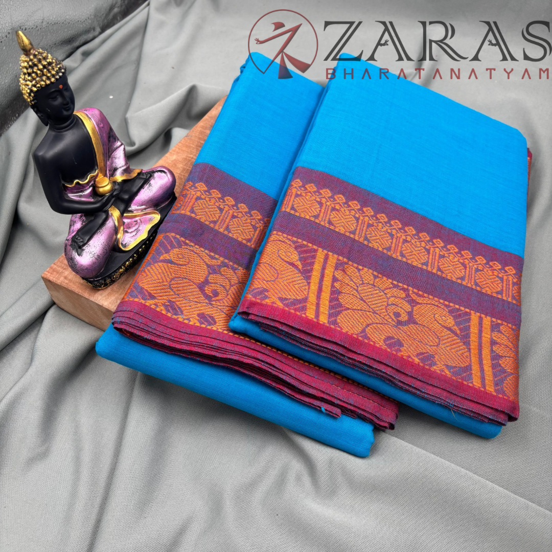Bharatanatyam Dance Practice Saree - Blue L Gold Big Peacock Border image 1