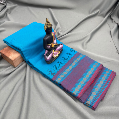Bharatanatyam Dance Practice Saree - Blue with Red Double Coin Border image 1