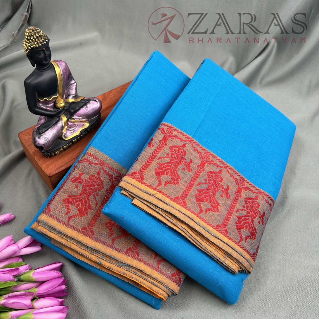 Bharatanatyam Dance Practice Saree - L Blue with Red Doll Border image 1