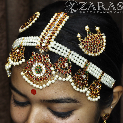 Bharatanatyam Dance Jewellery - Headset Peacock Design 3 Lines Pearls image 0