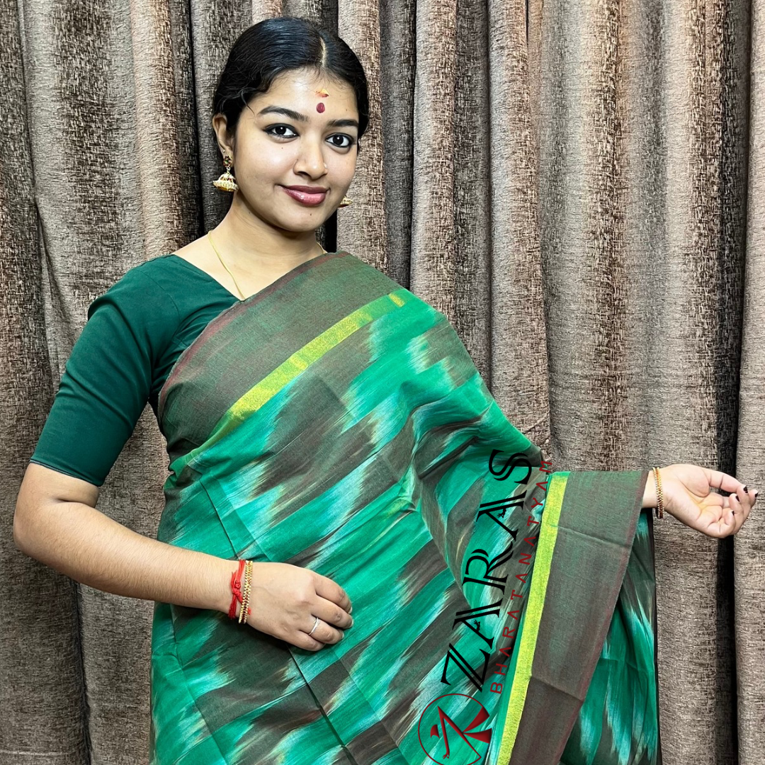 Bharatanatyam Dance Practice Saree - Green Brown Mixed Ikkat Border image 0