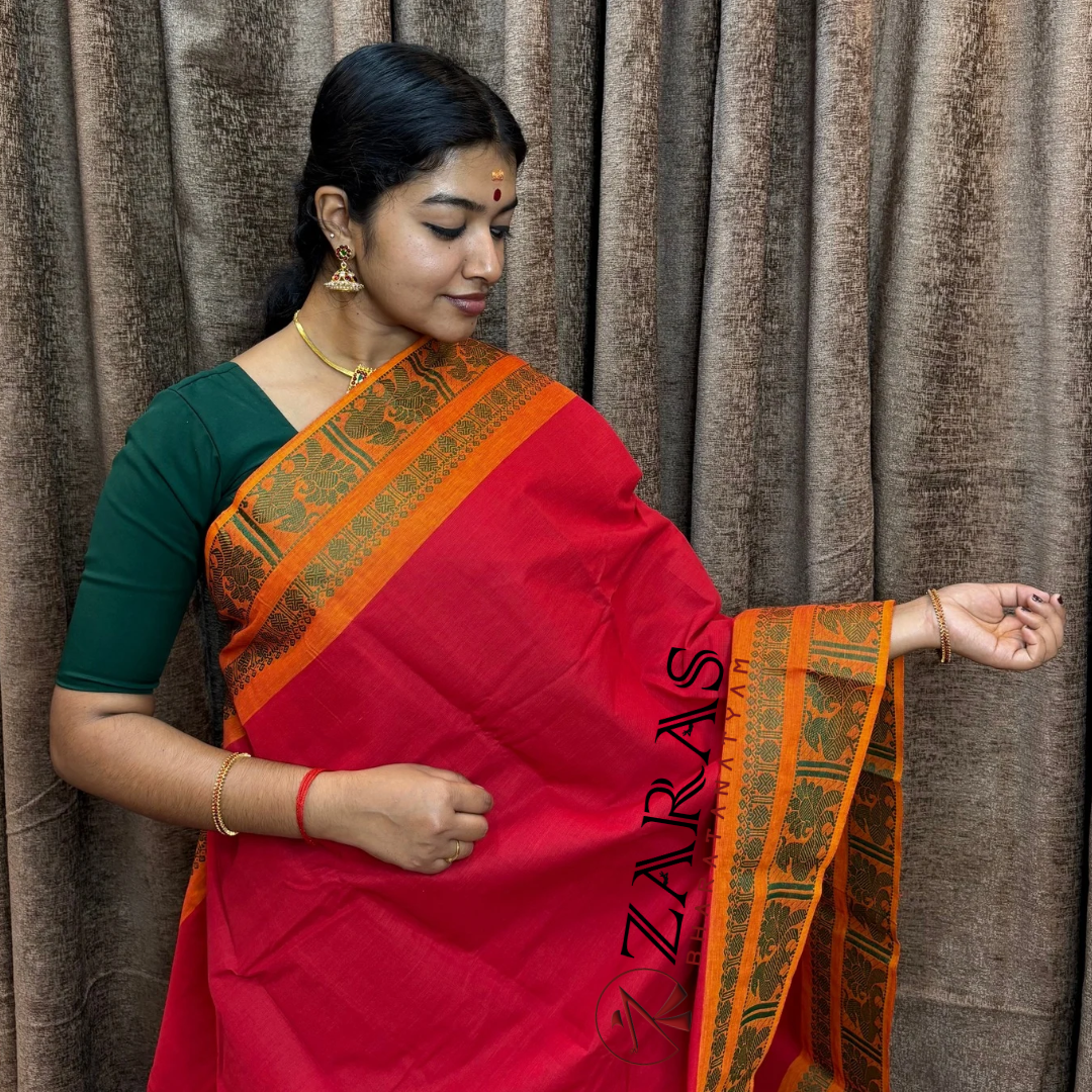 Bharatanatyam Dance Practice Saree - Red Mus Green Big Peacock Border image 0