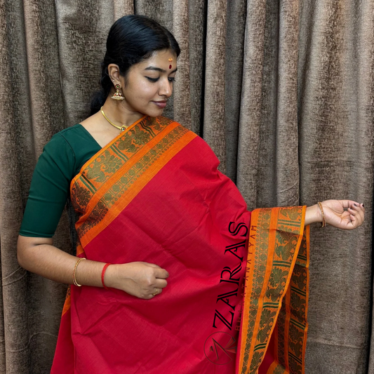 Bharatanatyam Dance Practice Saree - Red Mus Green Big Peacock Border image 0