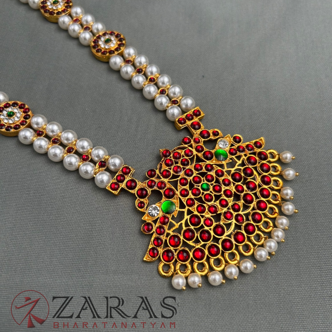 Bharatanatyam Dance Jewellery - Haaram 2 Line Pearl 3R Kemp image 3