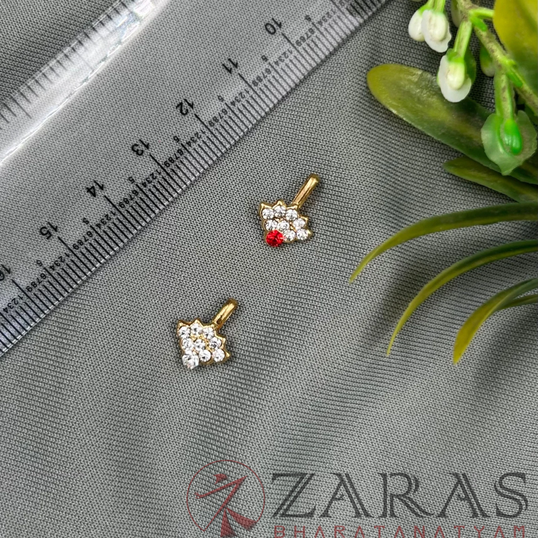 Bharatanatyam Dance Jewellery - Leaf Type Nose Pin Red White Stone (Set of 2 Pcs) image 2