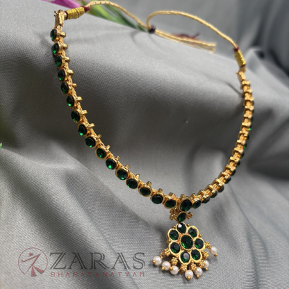 Bharatanatyam Dance Jewellery - Necklace 1 Line Attigai & Flower Green Stone image 1