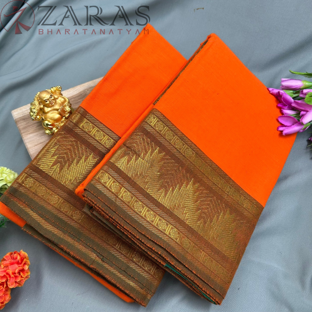 Bharatanatyam Dance Practice Saree - Orange with L Green Temple Border (6mtr) image 1